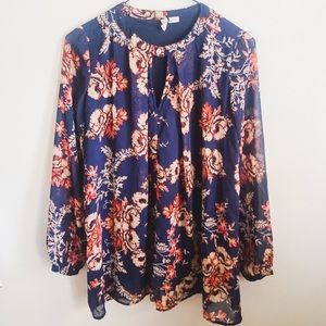 Fall Floral Print Blouse with Key Hole Neckline